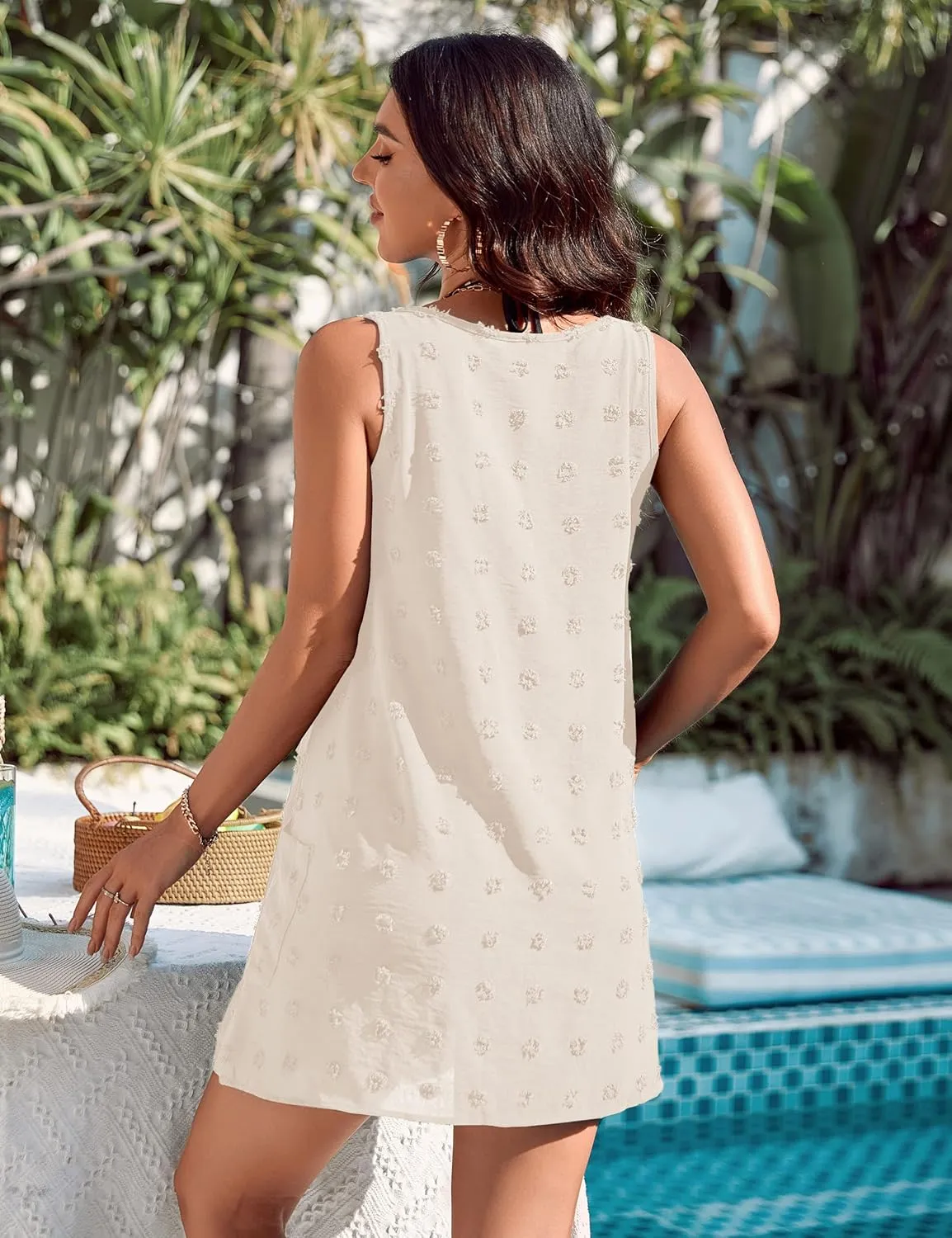 Blooming Jelly Womens Casual Sun Summer Dresses Swiss Polka Dot Beach Cover Up V Neck Tank Dress with Pockets