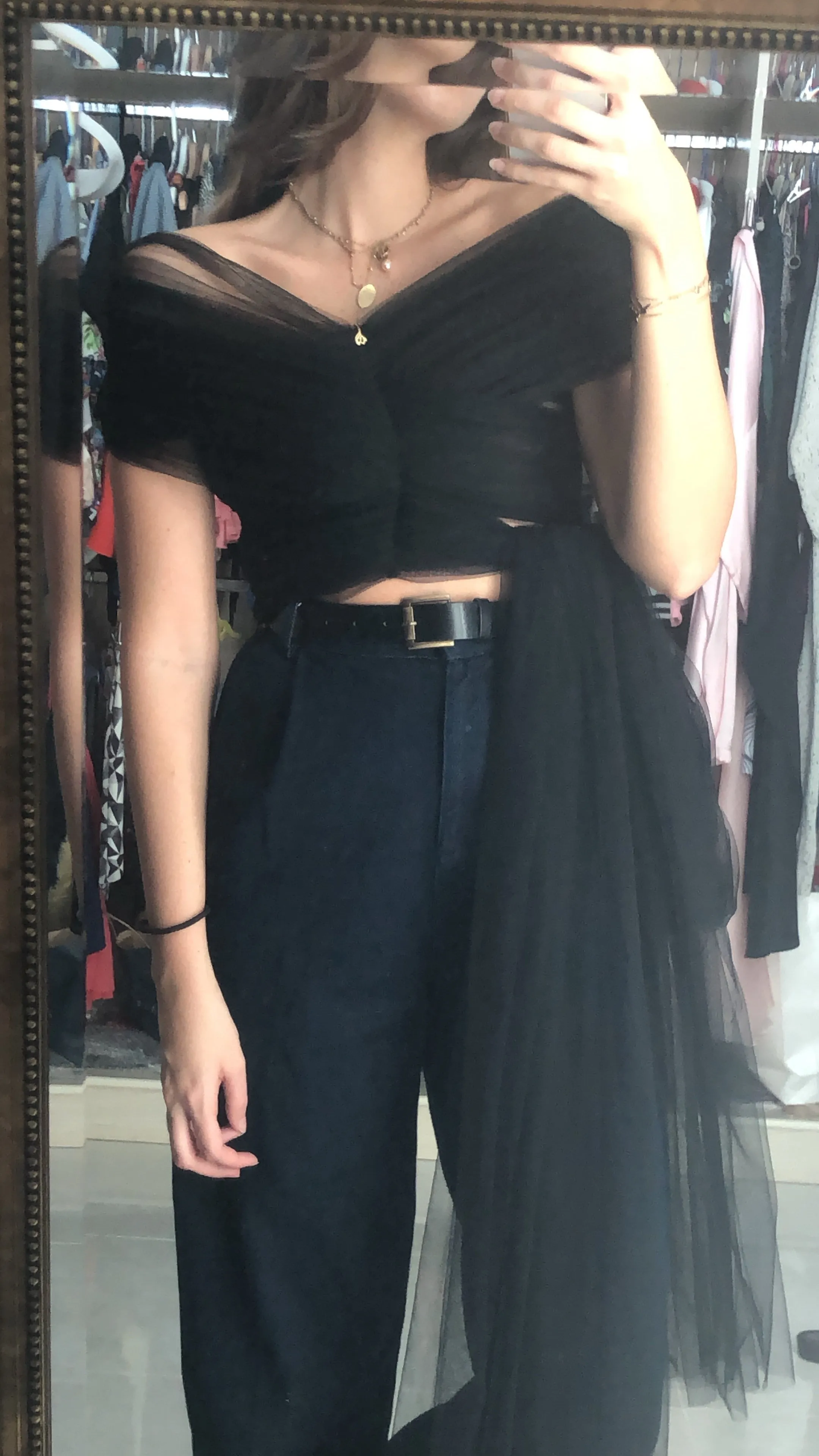 Blue Off-Shoulder Tulle Top
