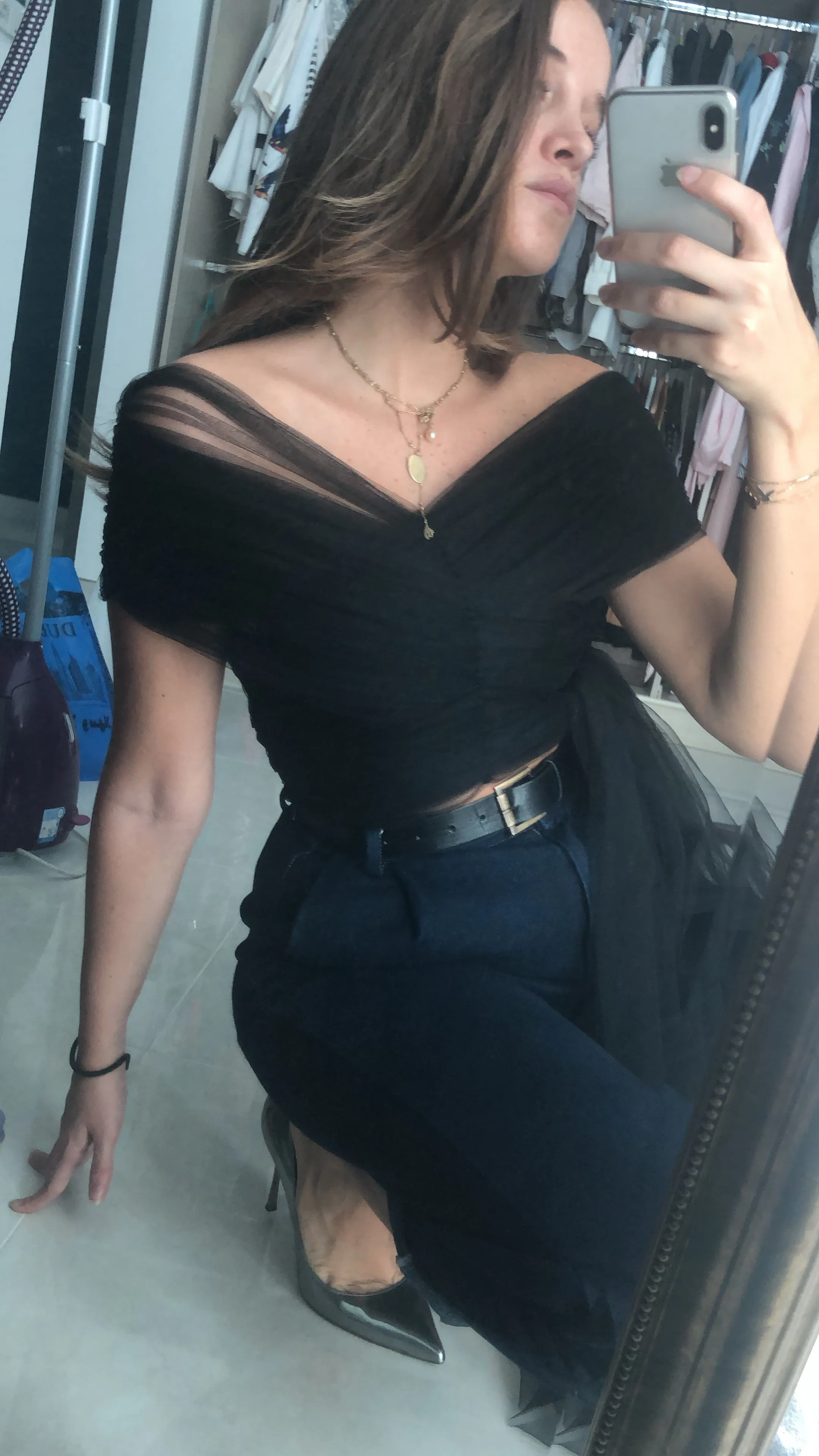 Blue Off-Shoulder Tulle Top