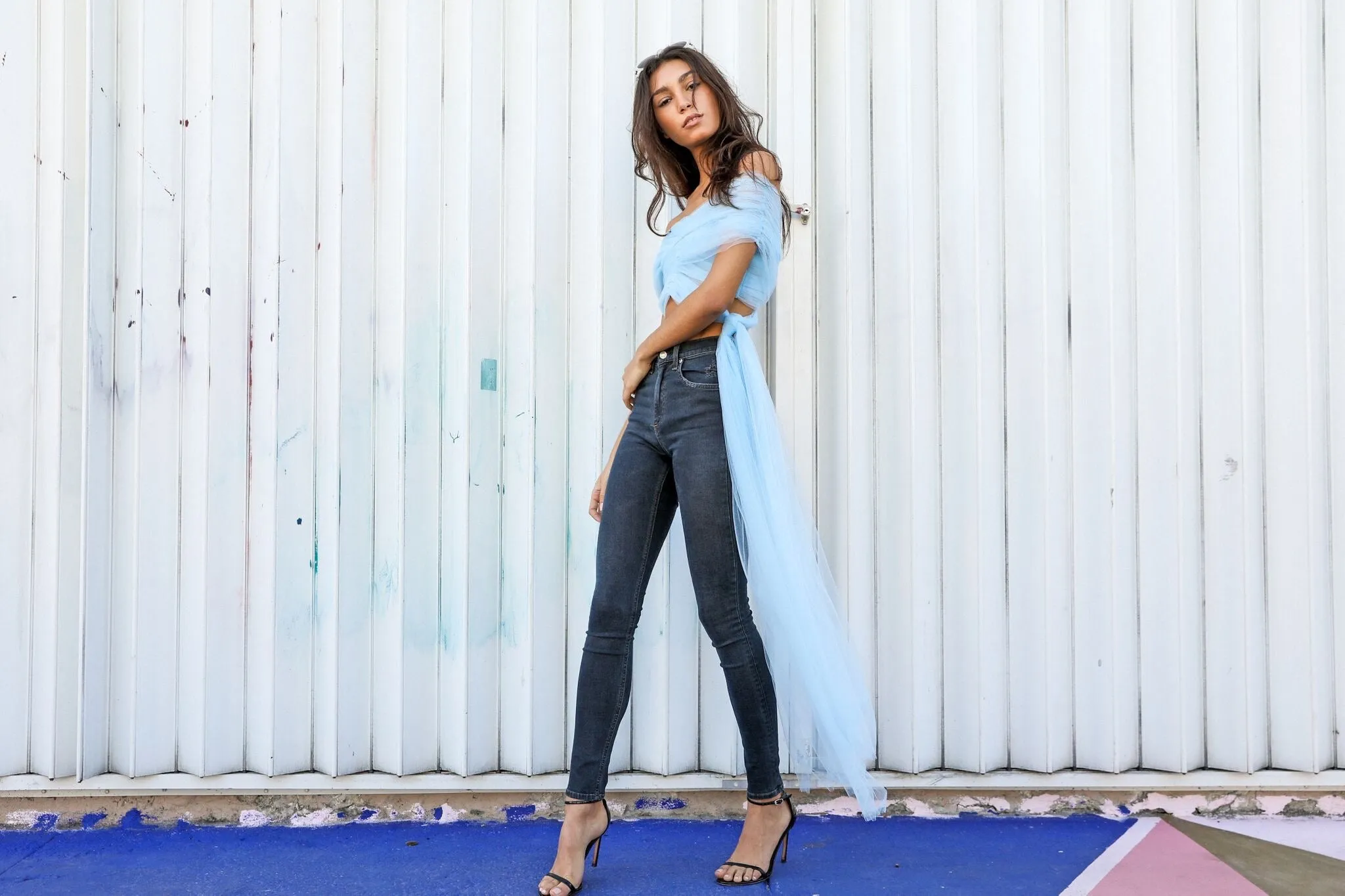 Blue Off-Shoulder Tulle Top