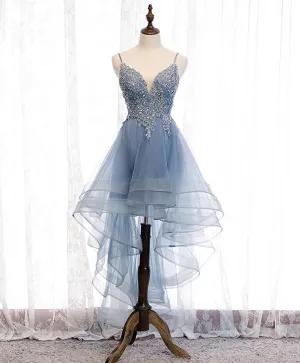 Blue Sweetheart Tulle Lace High Low Prom Dress, Blue Homecoming Dress