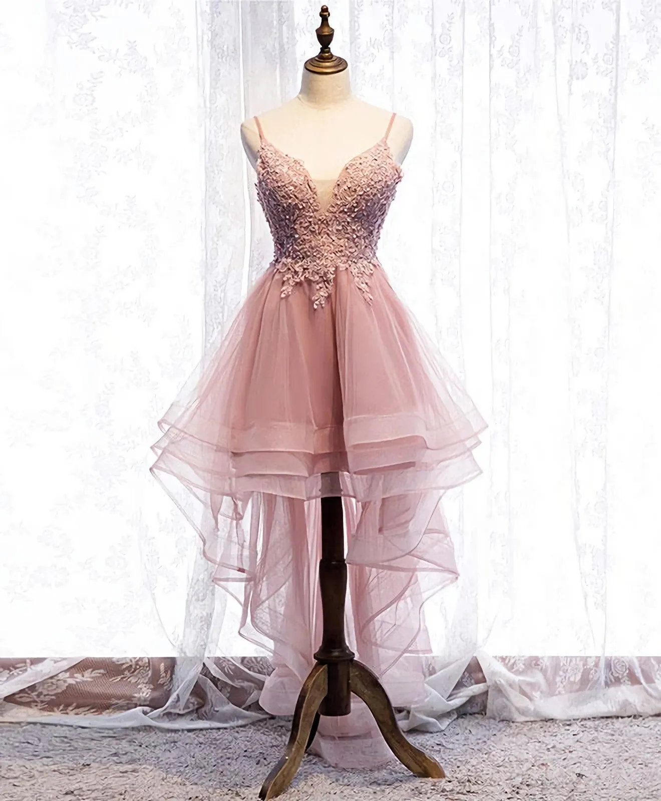 Blue Sweetheart Tulle Lace High Low Prom Dress, Blue Homecoming Dress