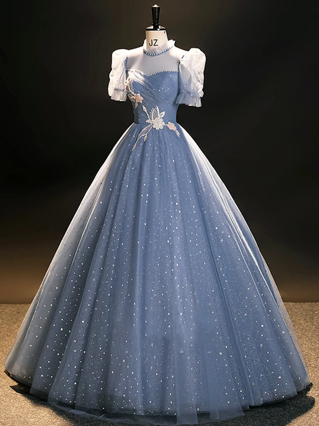Blue Tulle Long A-Line Prom Dress Beautiful Short Sleeve Evening Party Dress