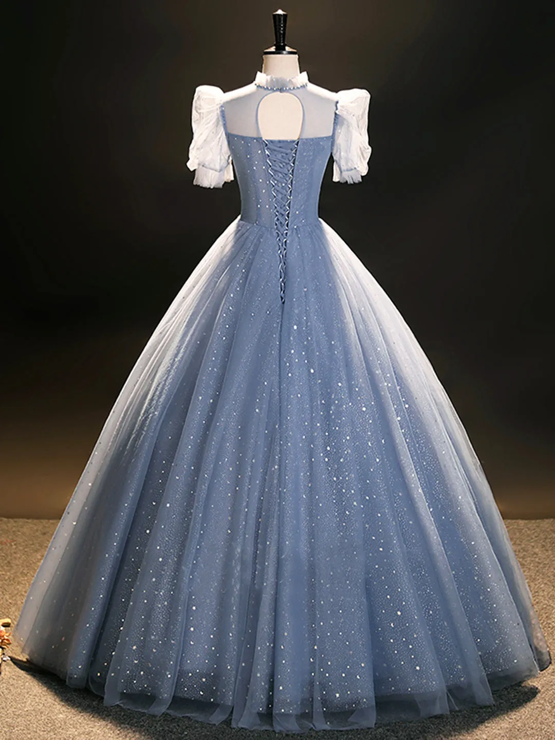 Blue Tulle Long A-Line Prom Dress Beautiful Short Sleeve Evening Party Dress