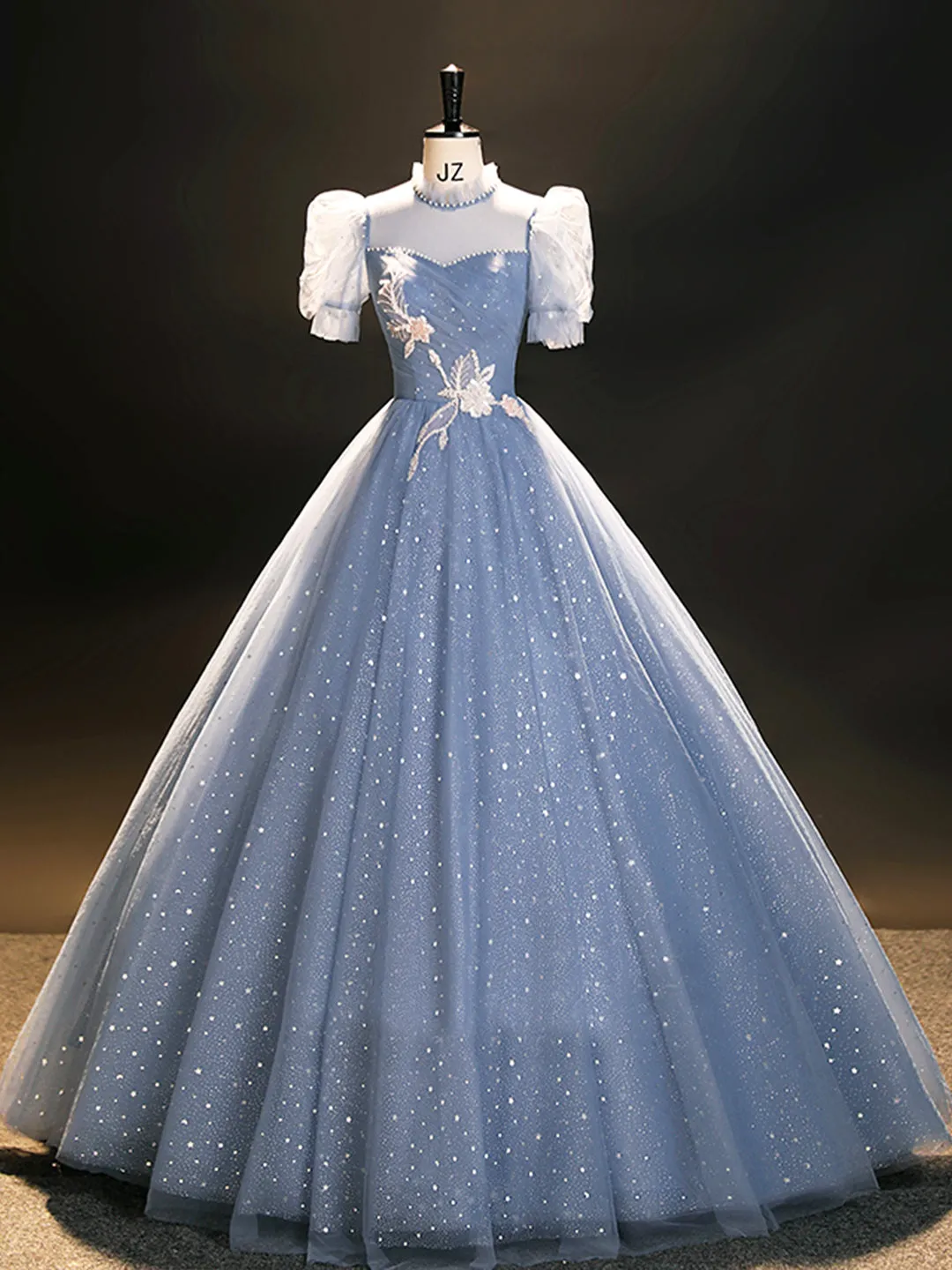Blue Tulle Long A-Line Prom Dress Beautiful Short Sleeve Evening Party Dress