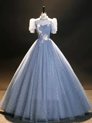 Blue Tulle Long A-Line Prom Dress Beautiful Short Sleeve Evening Party Dress