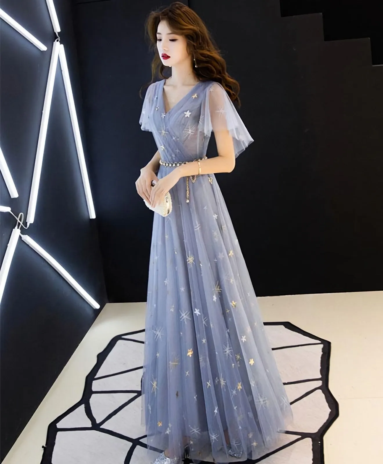 Blue Tulle Long Prom Dress Blue Tulle Bridesmaid Dress