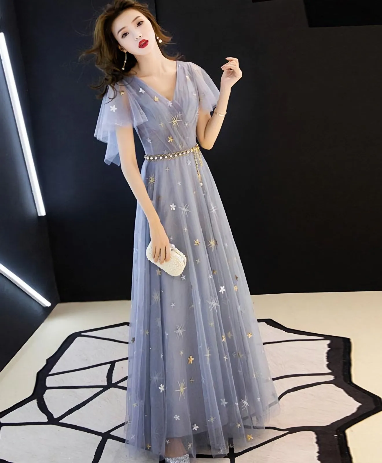 Blue Tulle Long Prom Dress Blue Tulle Bridesmaid Dress