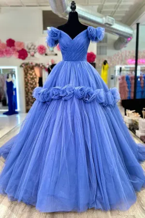 Blue V-neck Tulle Formal Dress with Flowers Blue Floor Length Prom Dress