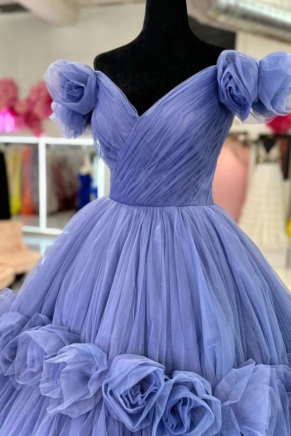 Blue V-neck Tulle Formal Dress with Flowers Blue Floor Length Prom Dress