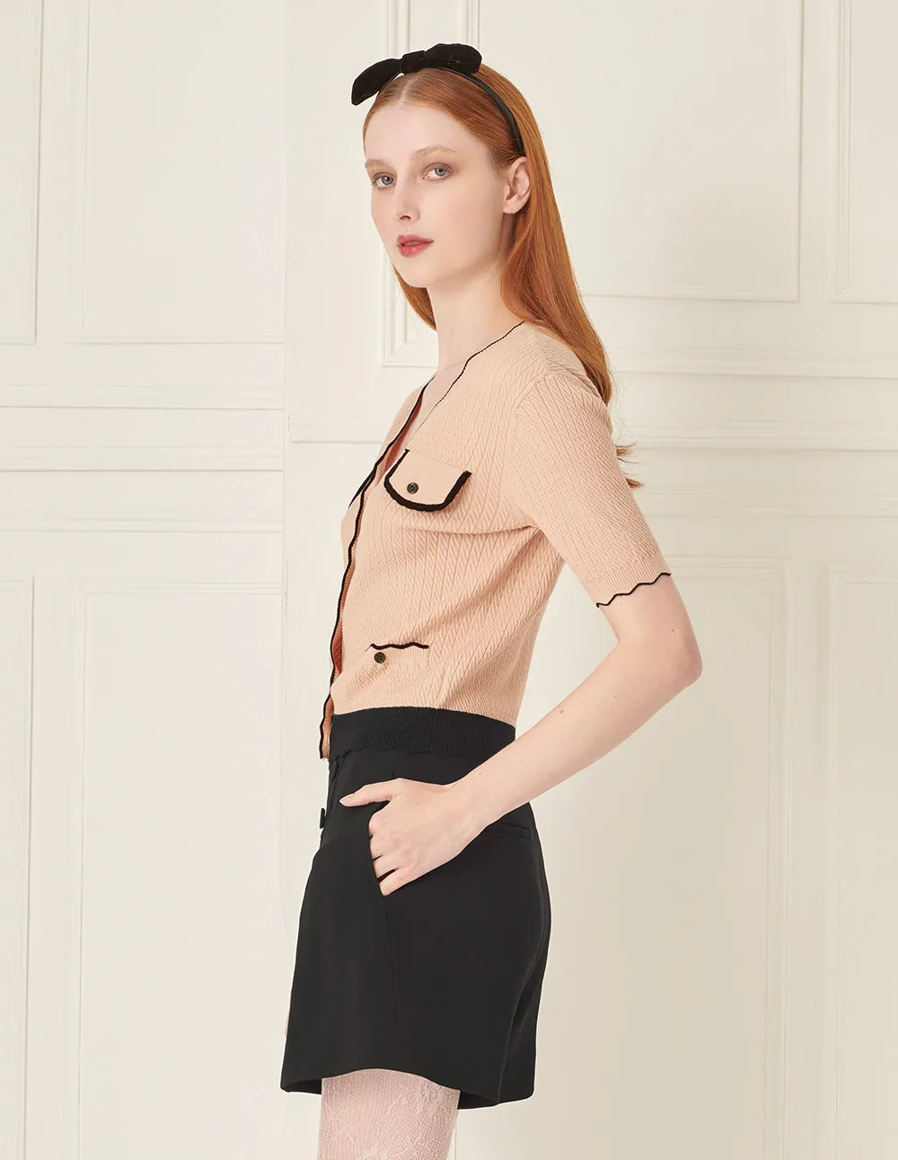 BORA AKSU Contrast Colour V-Neck Textured Yarn Knitted Cardigan