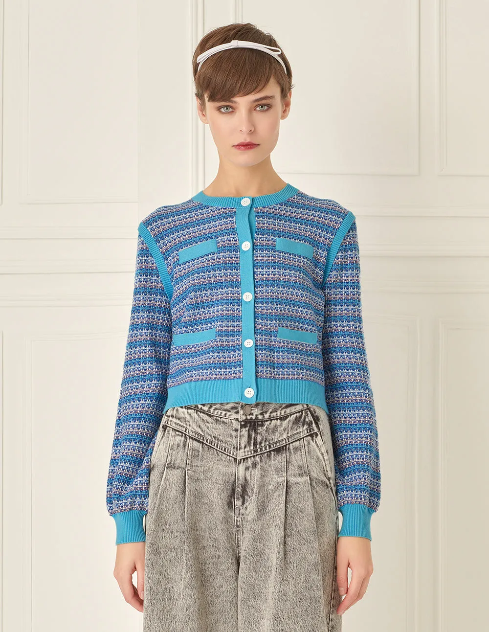 BORA AKSU Linear Mixed Jacquard Contrasting Crew Neck Knitted Cardigan