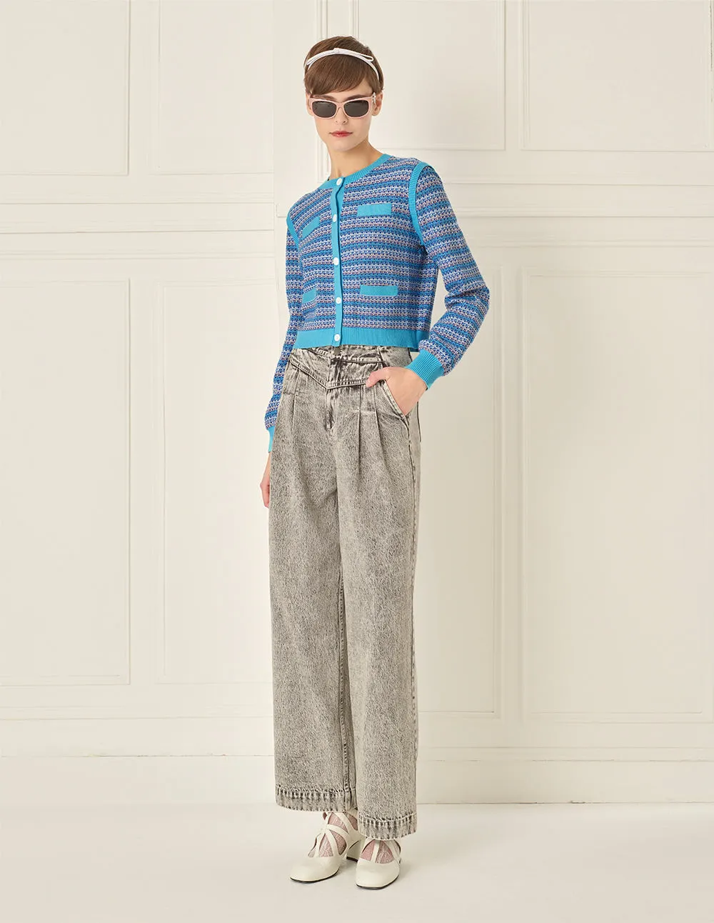 BORA AKSU Linear Mixed Jacquard Contrasting Crew Neck Knitted Cardigan