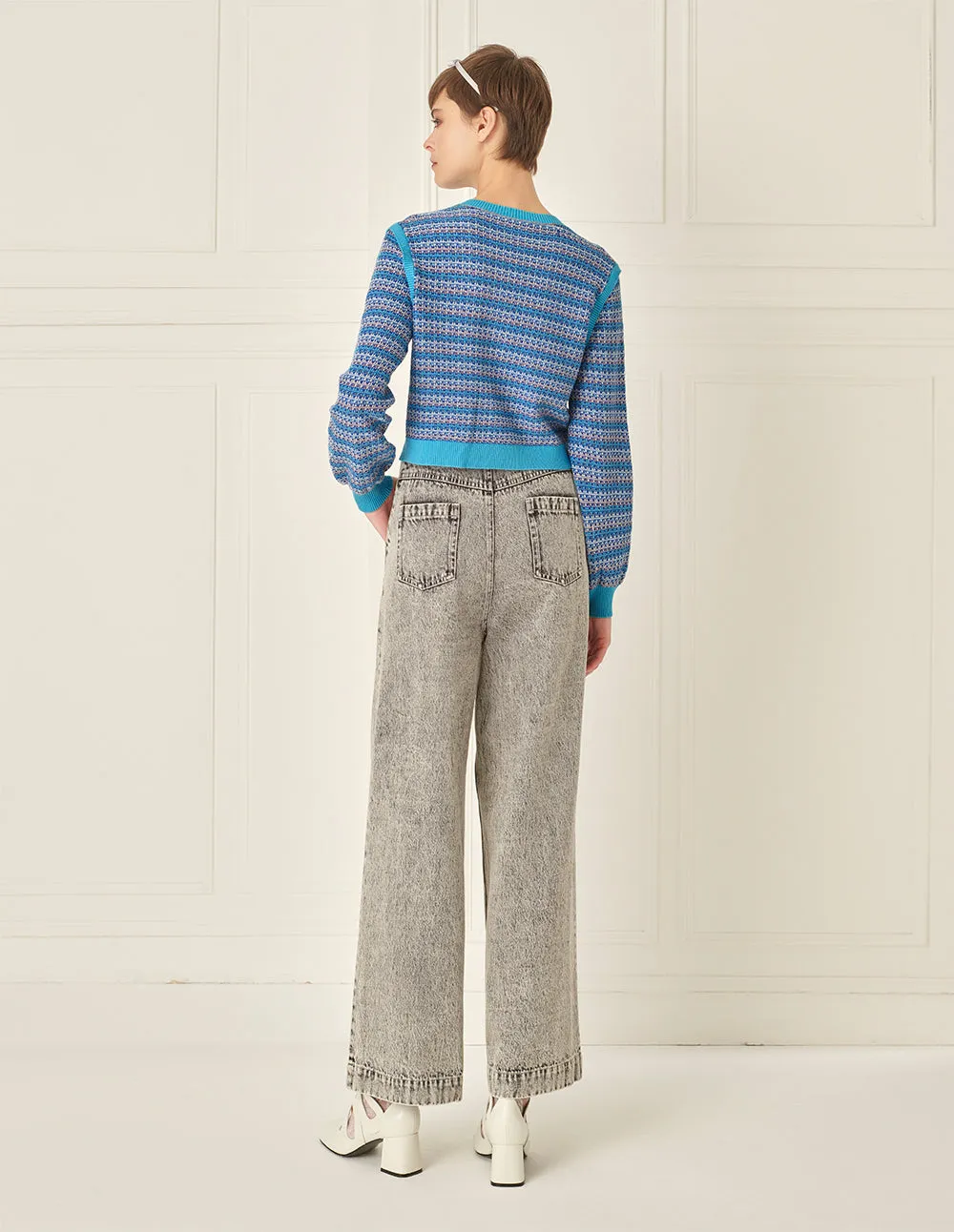 BORA AKSU Linear Mixed Jacquard Contrasting Crew Neck Knitted Cardigan