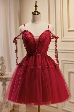 Burgundy Lace Short A-line Prom Dress Cute Spaghetti Strap Party Dress