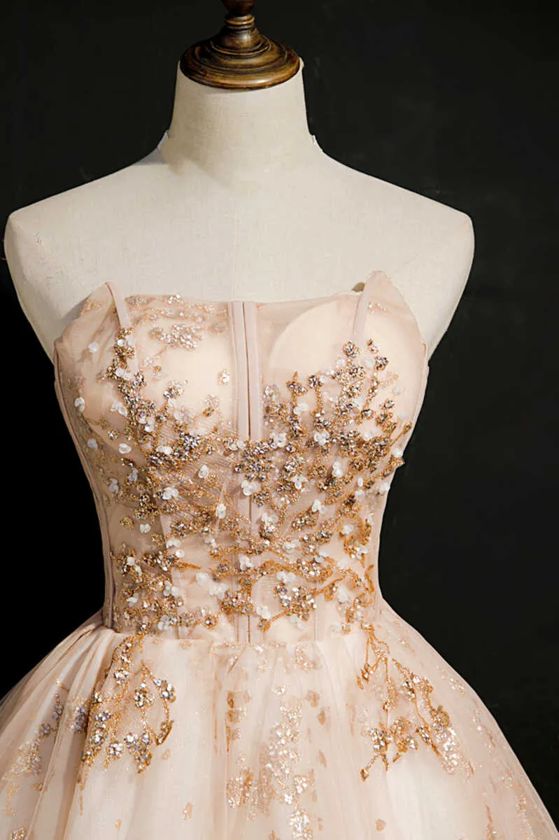 Champagne Beaded Strapless Lace-Up Short Homecoming Dress