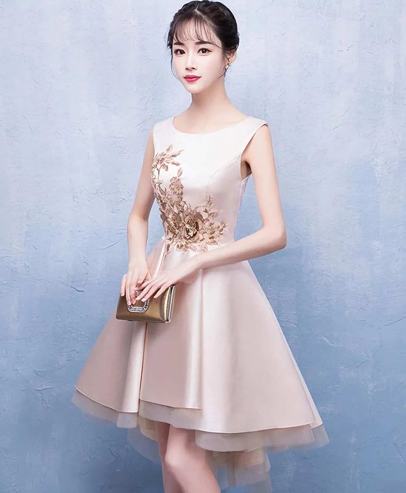 Champagne Satin Lace Short Prom Dress Champagne Homecoming Dress