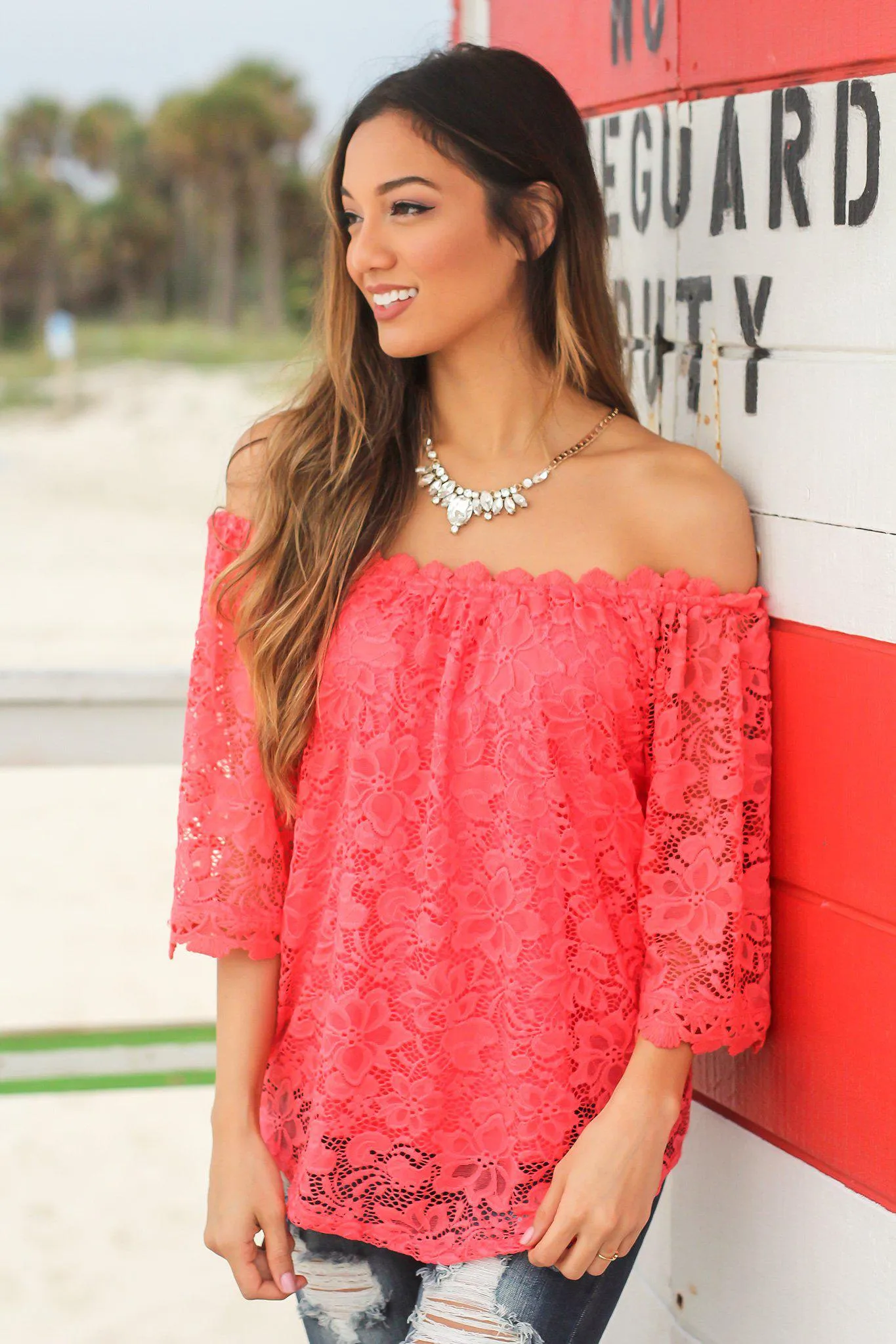 Coral Lace Off Shoulder Top