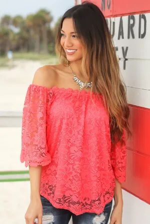 Coral Lace Off Shoulder Top