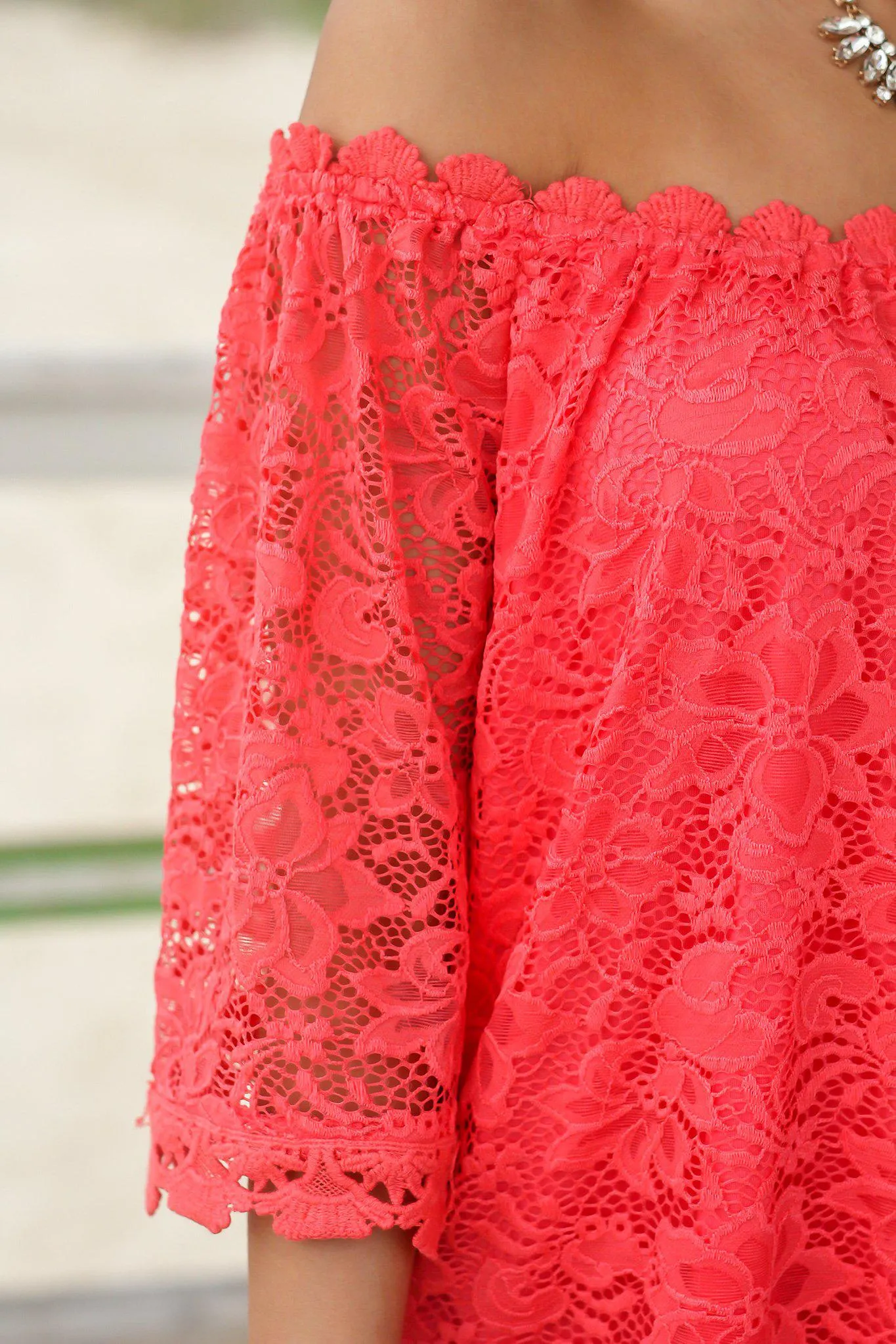 Coral Lace Off Shoulder Top