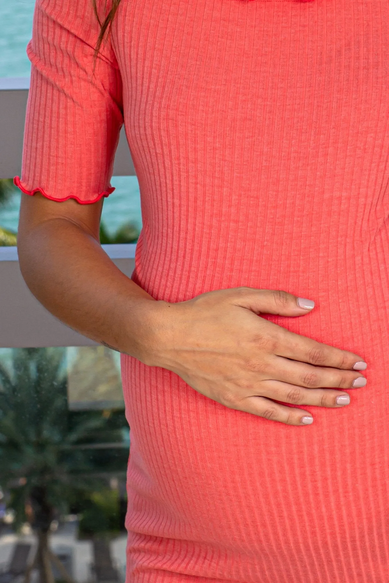 Coral Off Shoulder Ribbed Top