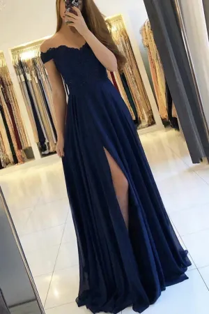 Dark Blue Lace Chiffon Long Prom Dress Blue Lace Bridesmaid Dress