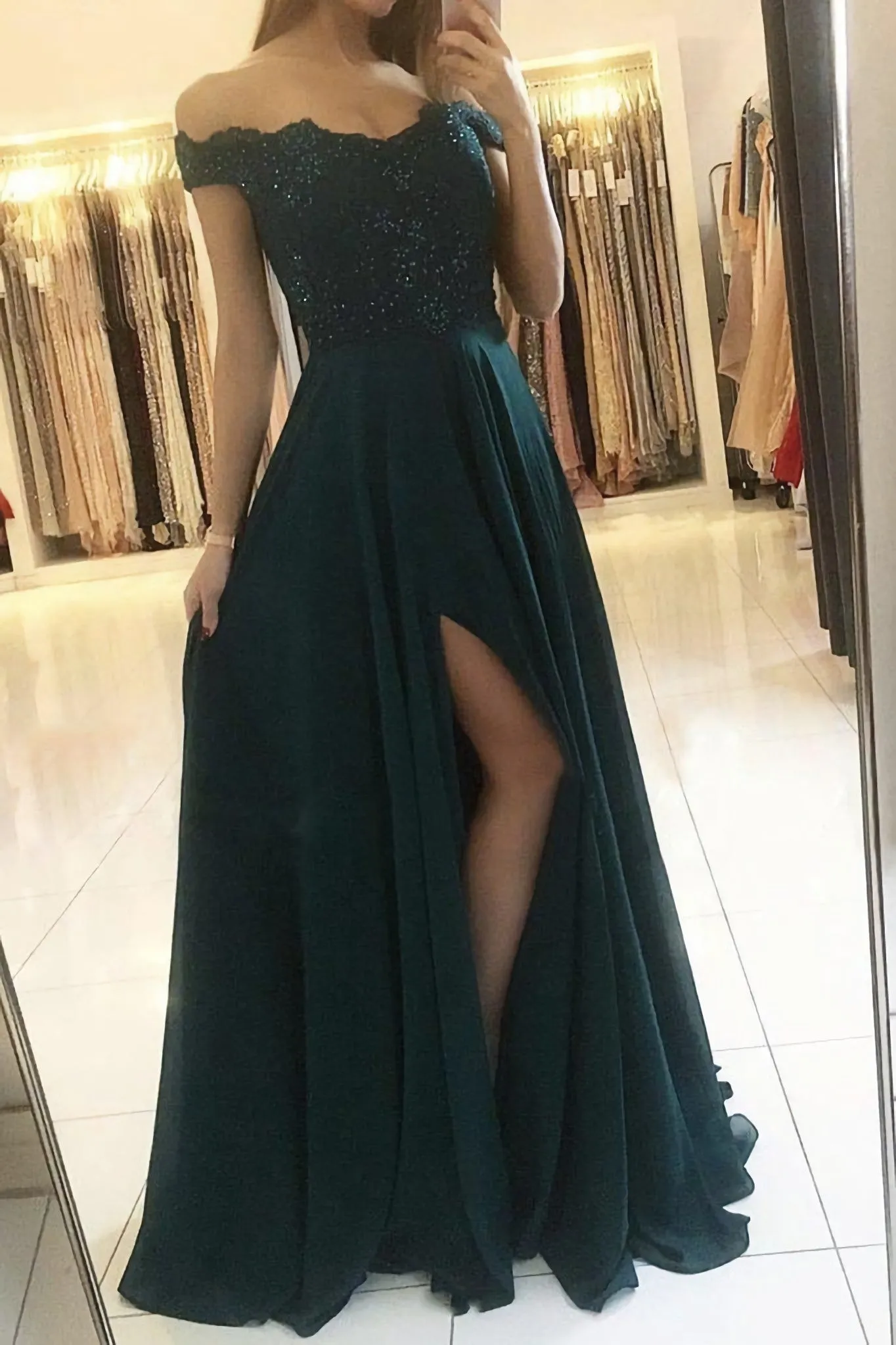 Dark Blue Lace Chiffon Long Prom Dress Blue Lace Bridesmaid Dress