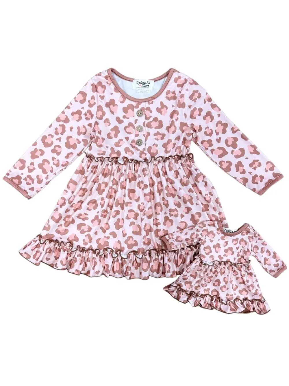 Doll & Me - Blush Leopard Ruffle Tiered Long Sleeve Dress