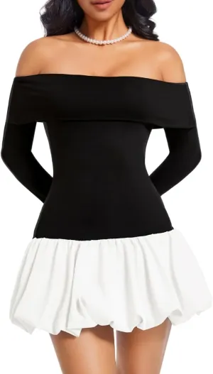 Drop Waist Bubble Dress, Off Shoulder Mini Dresses for Women, Going Out Date Night, Homecoming Party Long Sleeve