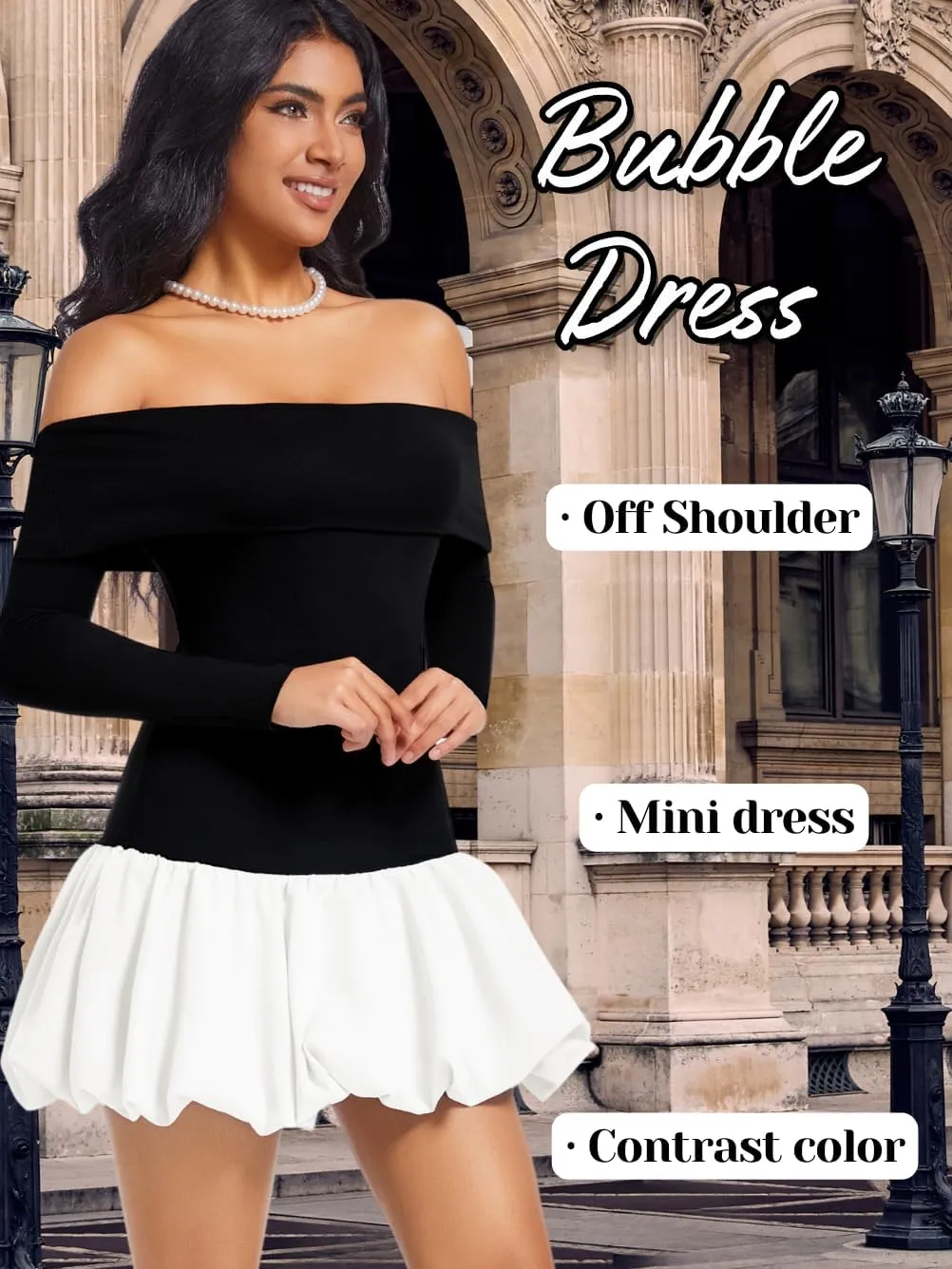 Drop Waist Bubble Dress, Off Shoulder Mini Dresses for Women, Going Out Date Night, Homecoming Party Long Sleeve