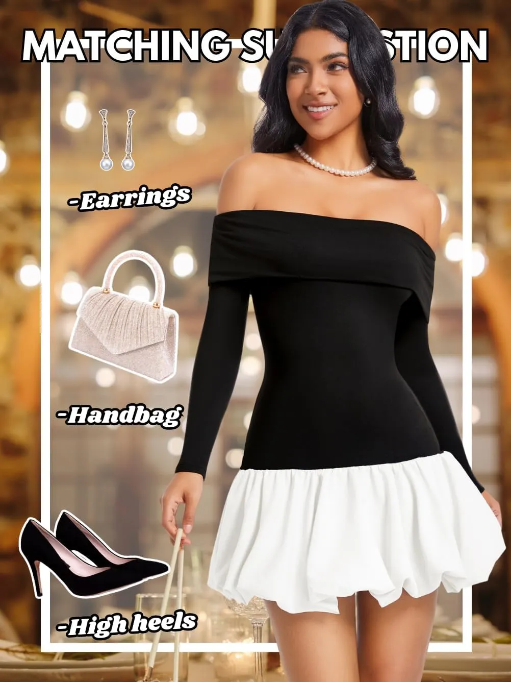 Drop Waist Bubble Dress, Off Shoulder Mini Dresses for Women, Going Out Date Night, Homecoming Party Long Sleeve