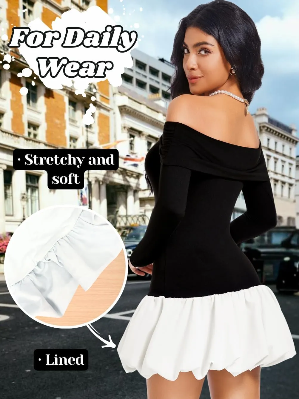 Drop Waist Bubble Dress, Off Shoulder Mini Dresses for Women, Going Out Date Night, Homecoming Party Long Sleeve