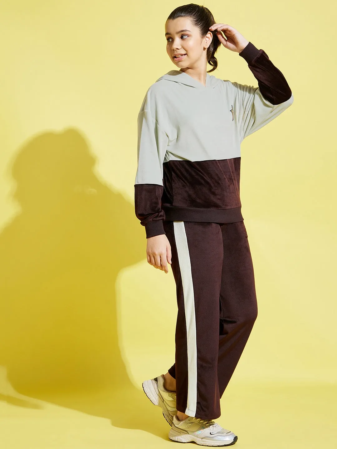 Girls Sea Green & Brown Velour Colorblock Hoodie With Track Pants - Lyush Kids