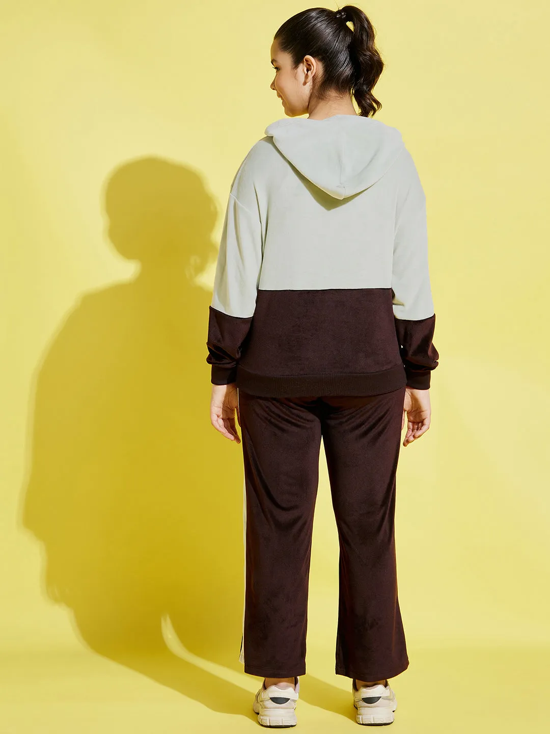 Girls Sea Green & Brown Velour Colorblock Hoodie With Track Pants - Lyush Kids