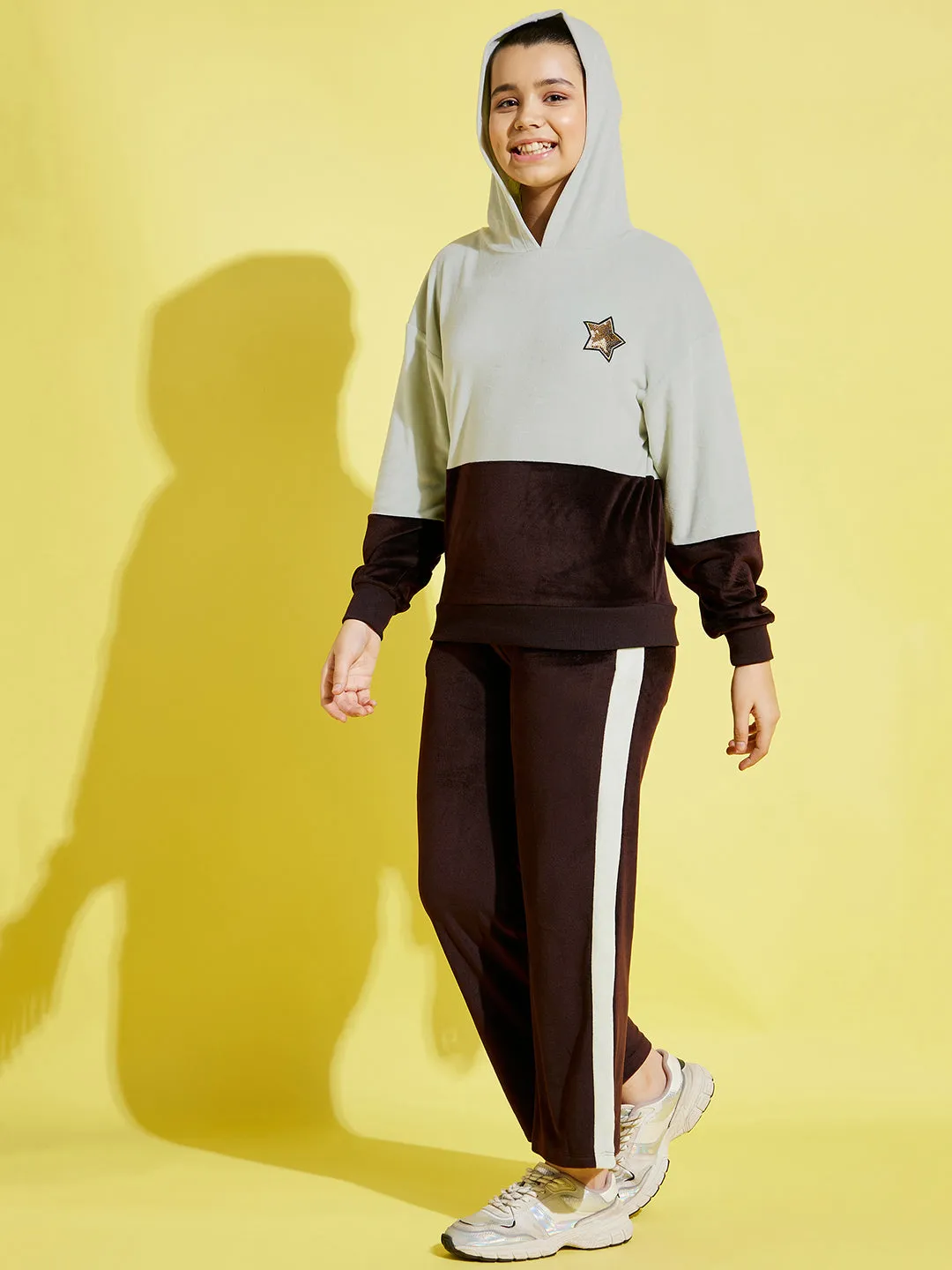 Girls Sea Green & Brown Velour Colorblock Hoodie With Track Pants - Lyush Kids