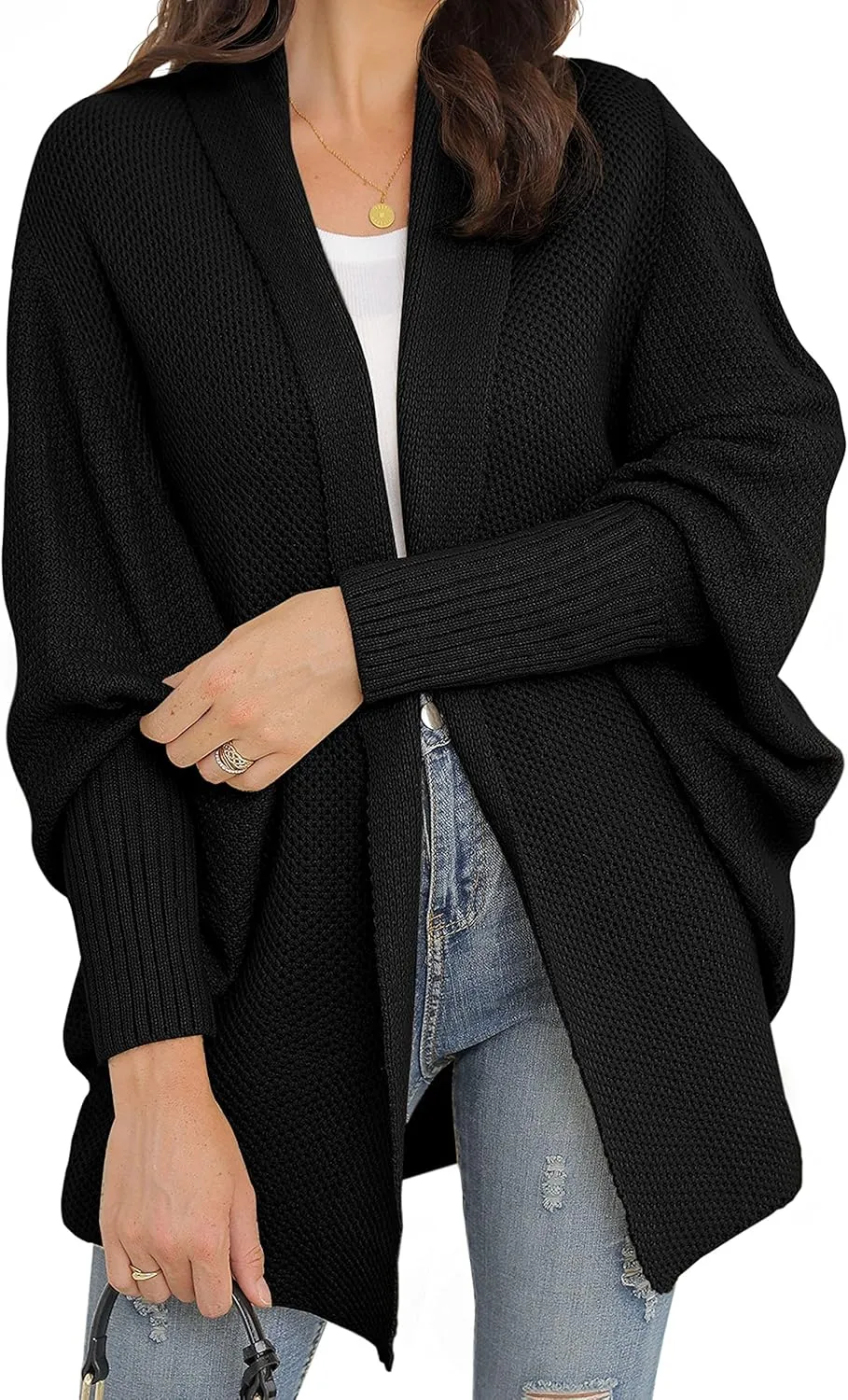 GRECERELLE Women's Kimono Batwing Cable Open Front Knitted Slouchy Oversized Wrap Cardigan Sweater Outwear Coat
