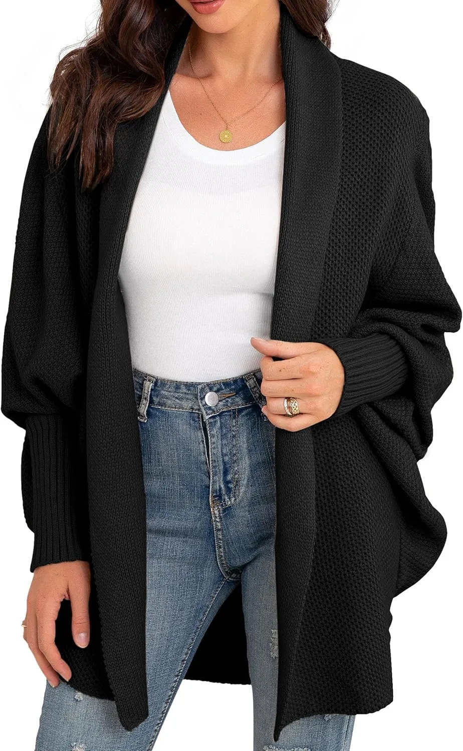 GRECERELLE Women's Kimono Batwing Cable Open Front Knitted Slouchy Oversized Wrap Cardigan Sweater Outwear Coat