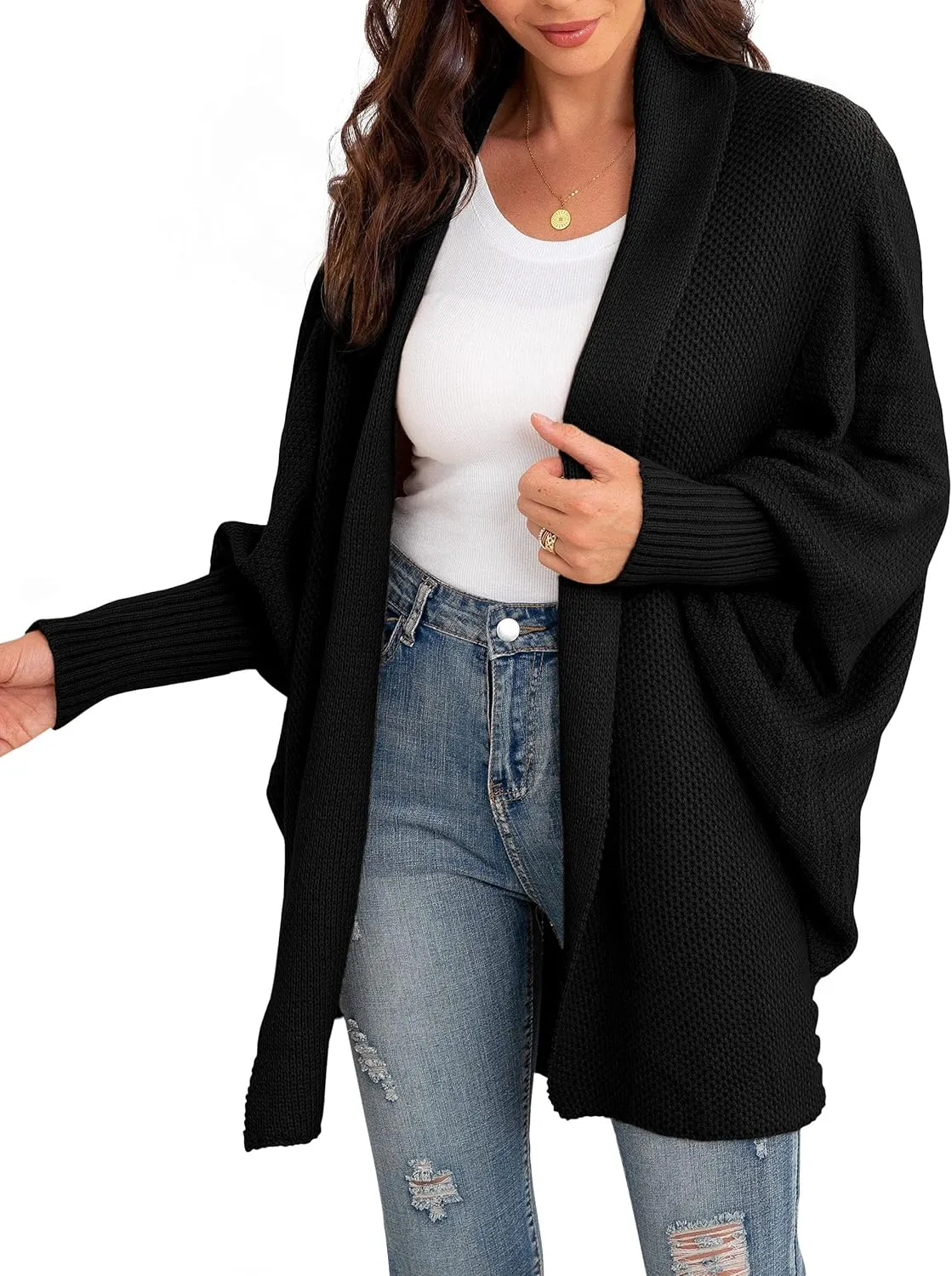 GRECERELLE Women's Kimono Batwing Cable Open Front Knitted Slouchy Oversized Wrap Cardigan Sweater Outwear Coat