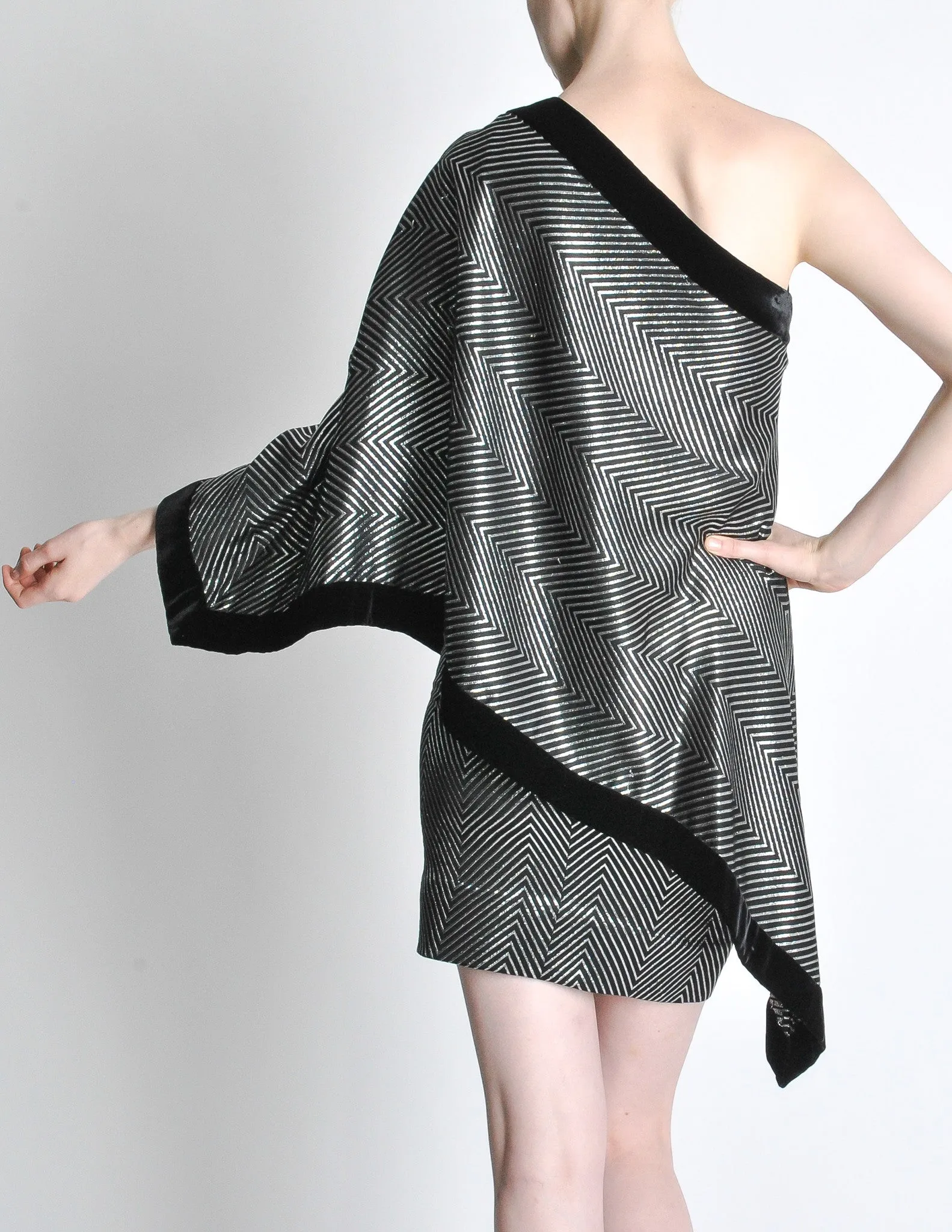 Gucci Vintage Black & Silver Silk Metallic Shawl Mini Dress