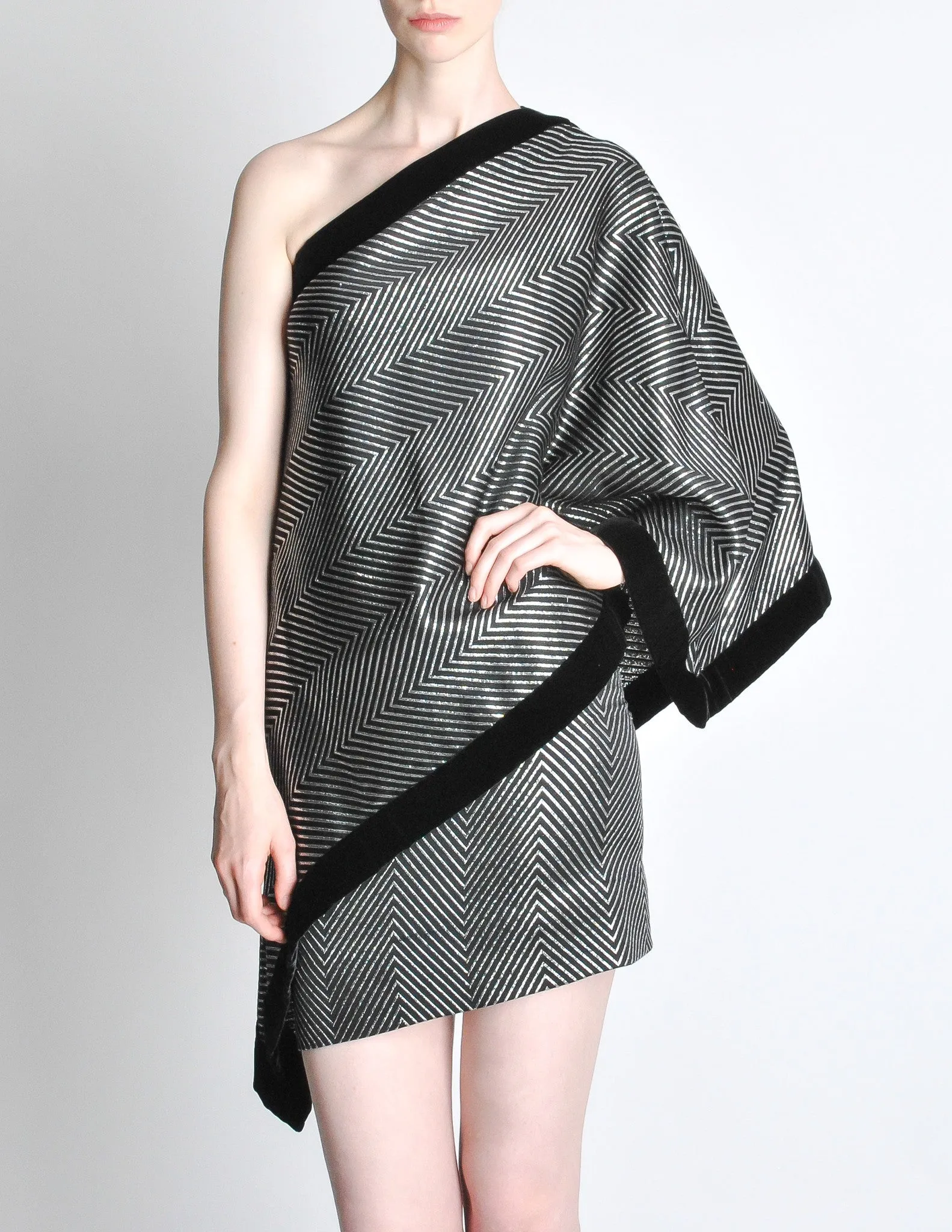 Gucci Vintage Black & Silver Silk Metallic Shawl Mini Dress