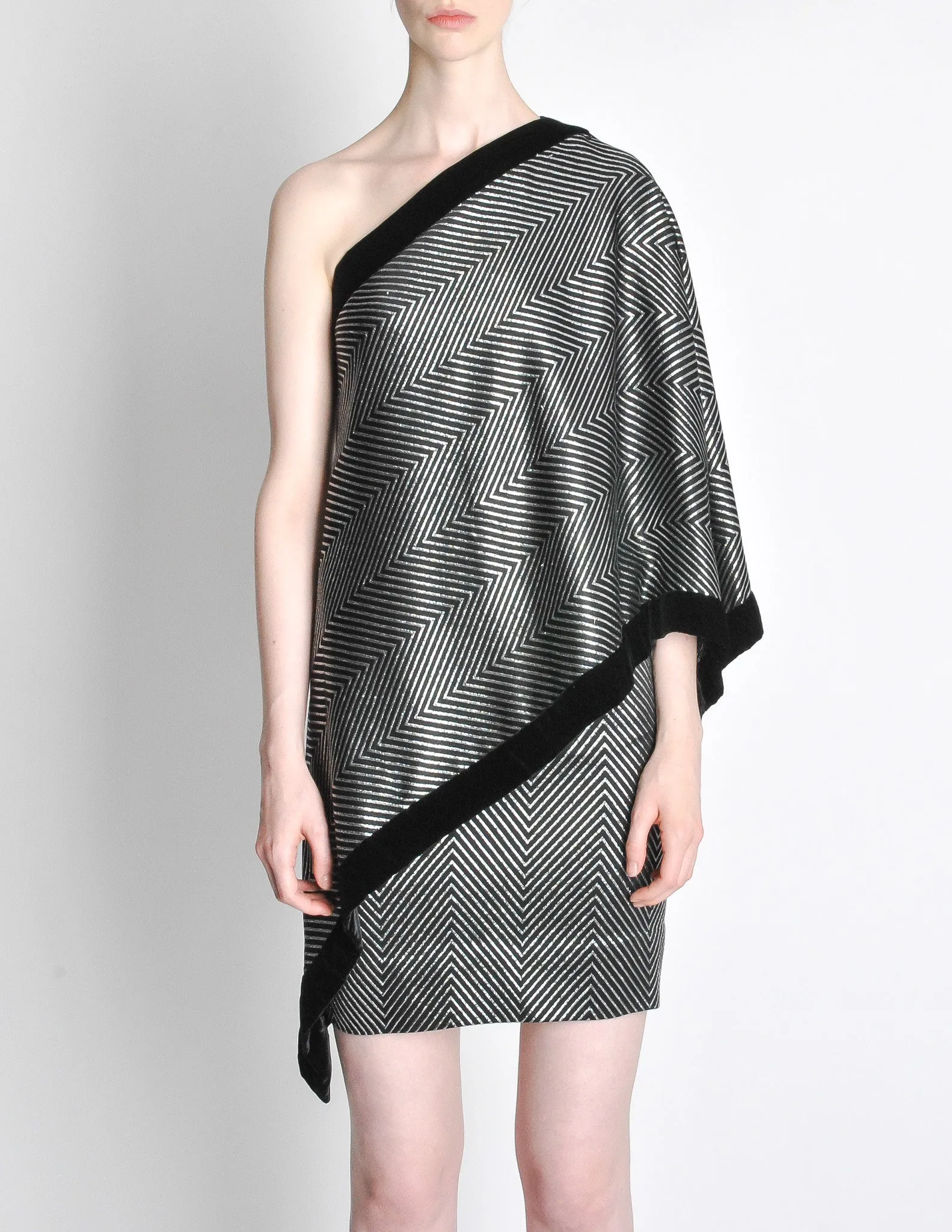 Gucci Vintage Black & Silver Silk Metallic Shawl Mini Dress