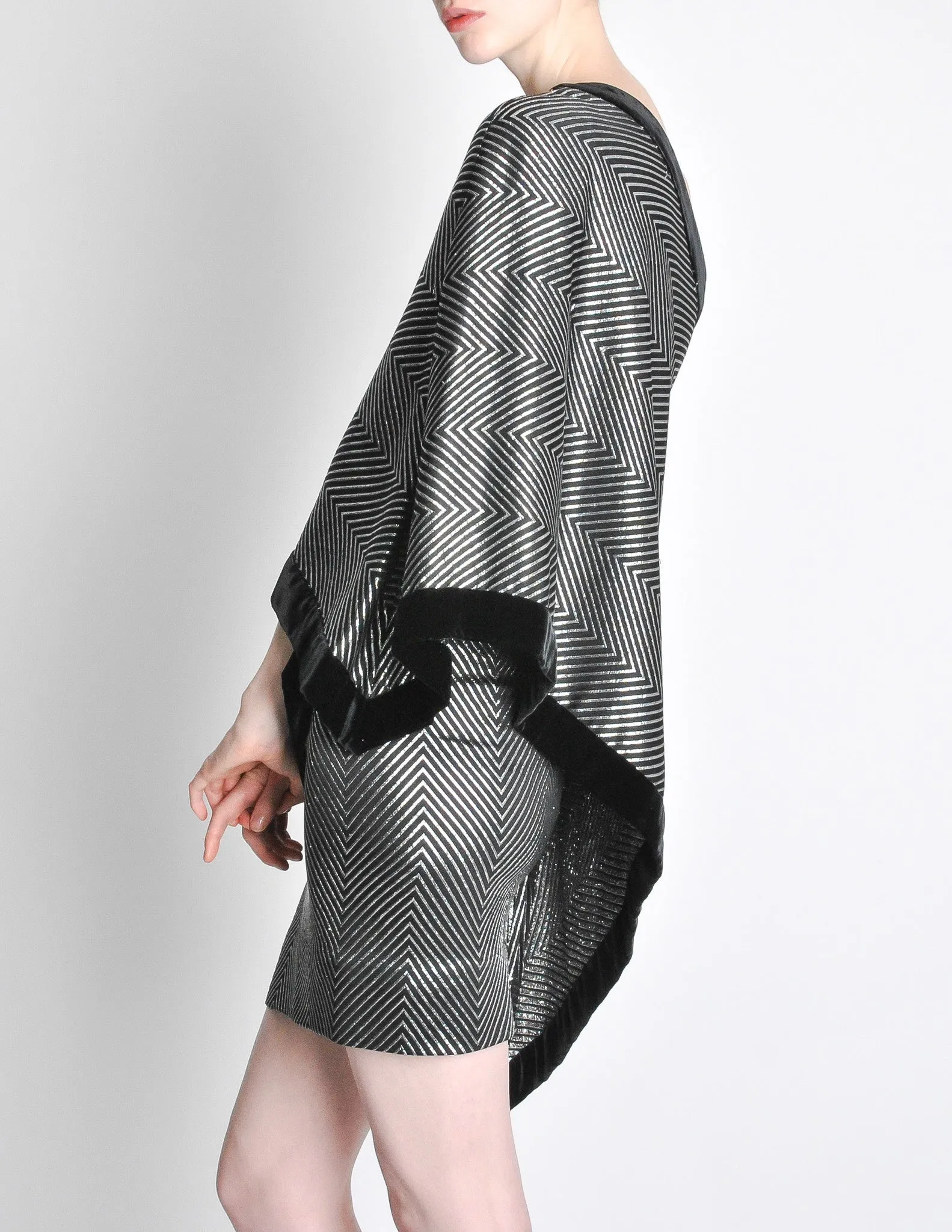 Gucci Vintage Black & Silver Silk Metallic Shawl Mini Dress