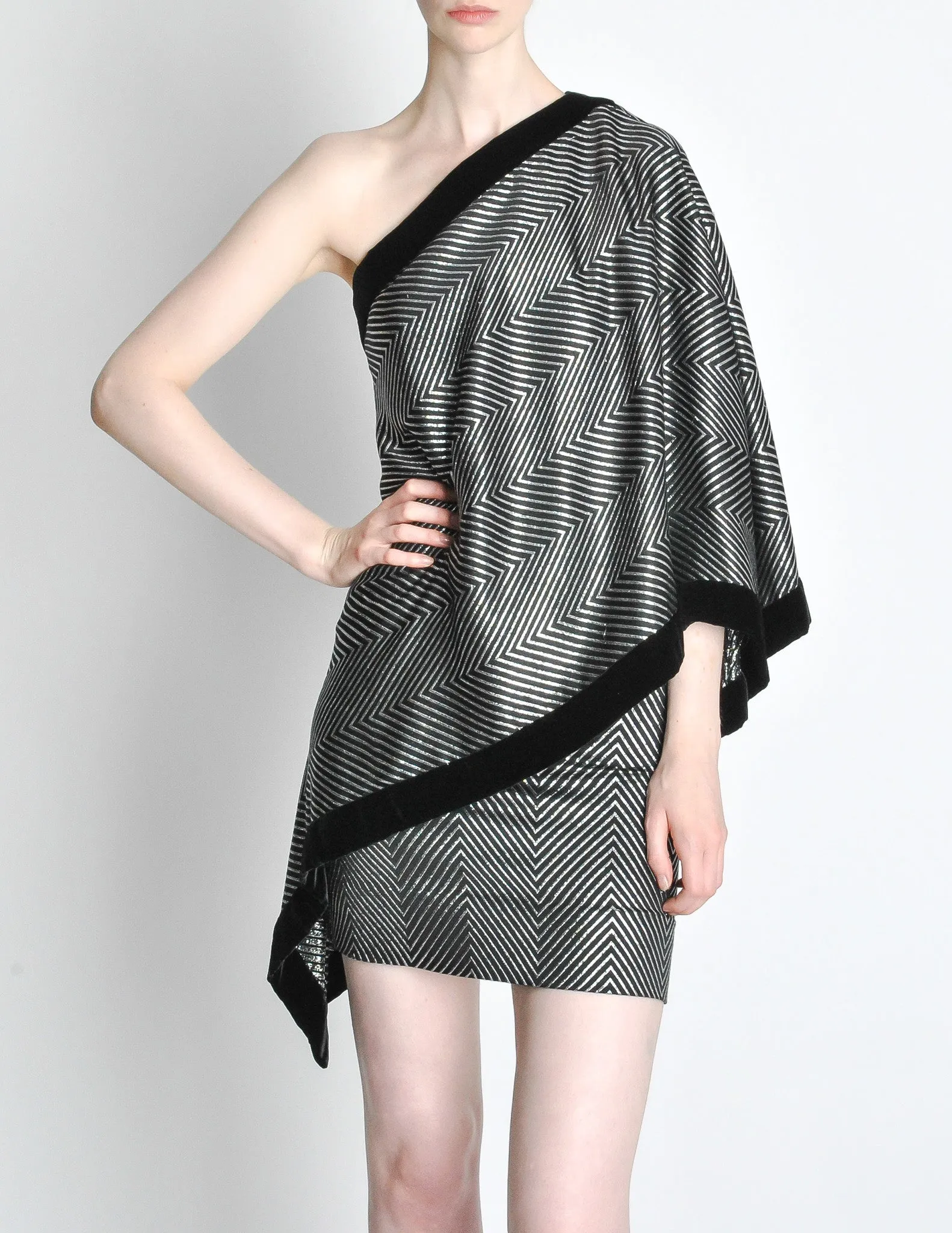 Gucci Vintage Black & Silver Silk Metallic Shawl Mini Dress