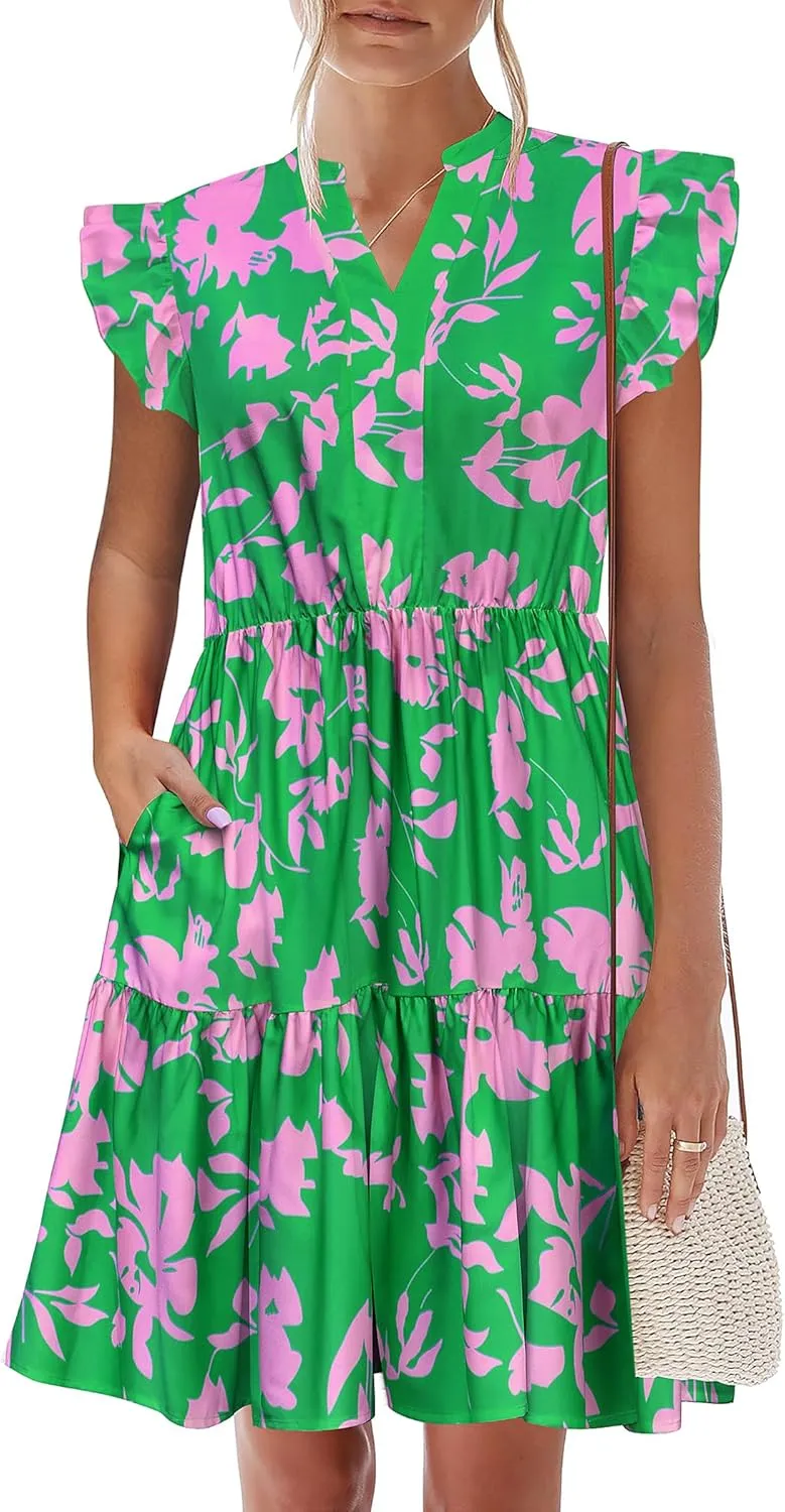 HOTOUCH Women Printed Dress for Summer Short Ruffle Sleeve Dress Tiered Mini Dress with Pockets