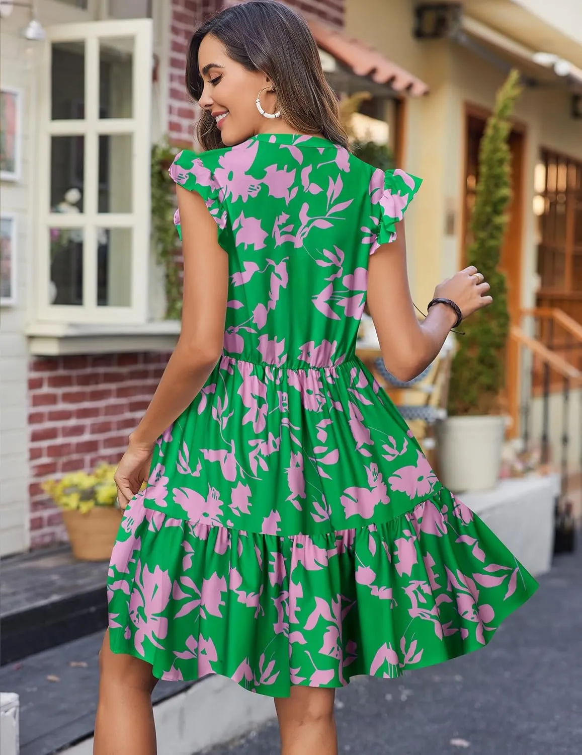HOTOUCH Women Printed Dress for Summer Short Ruffle Sleeve Dress Tiered Mini Dress with Pockets