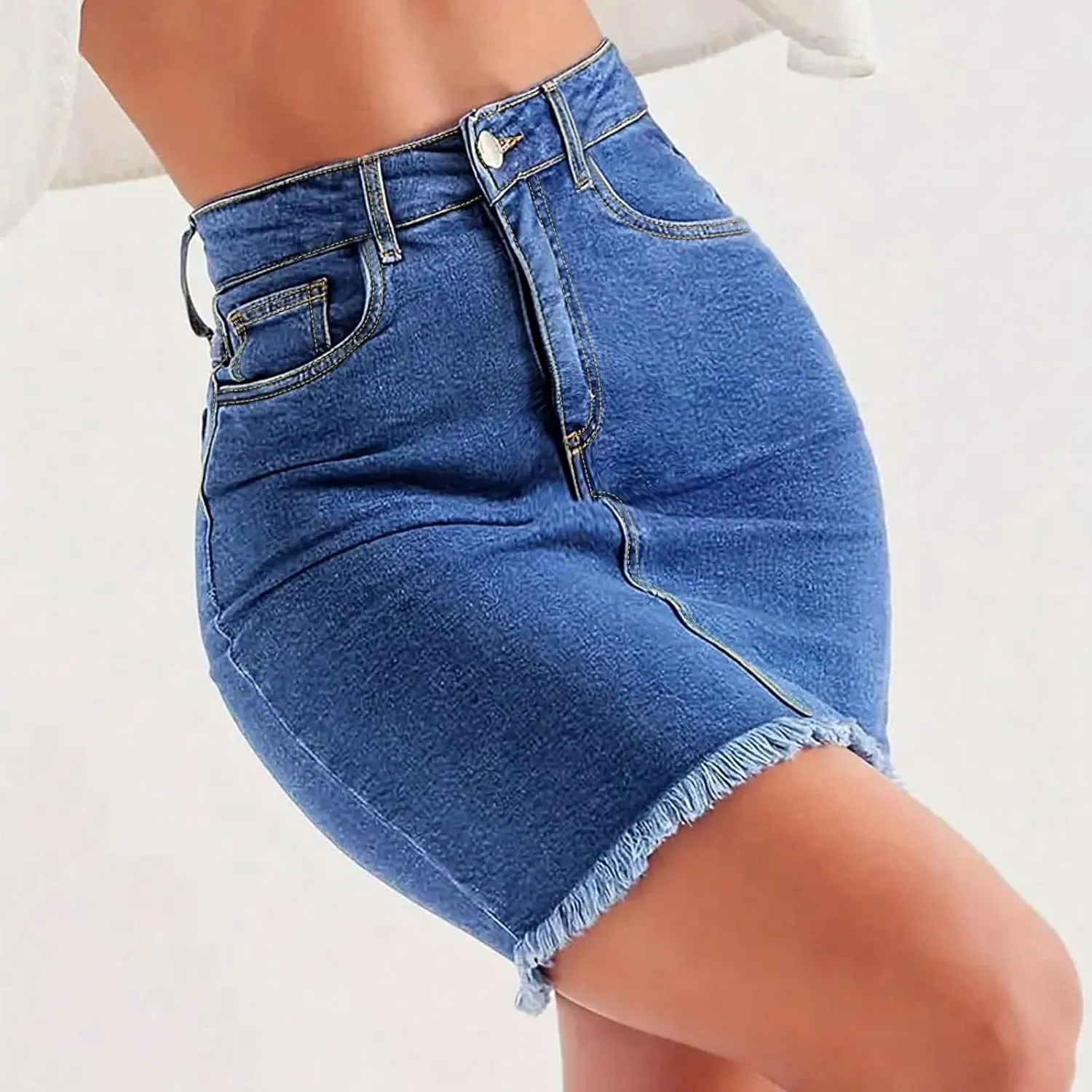 Jean Skirts for Women Denim High Waisted Short Mini Skirt Summer Casual Frayed Hem Cute Skirts with Pockets
