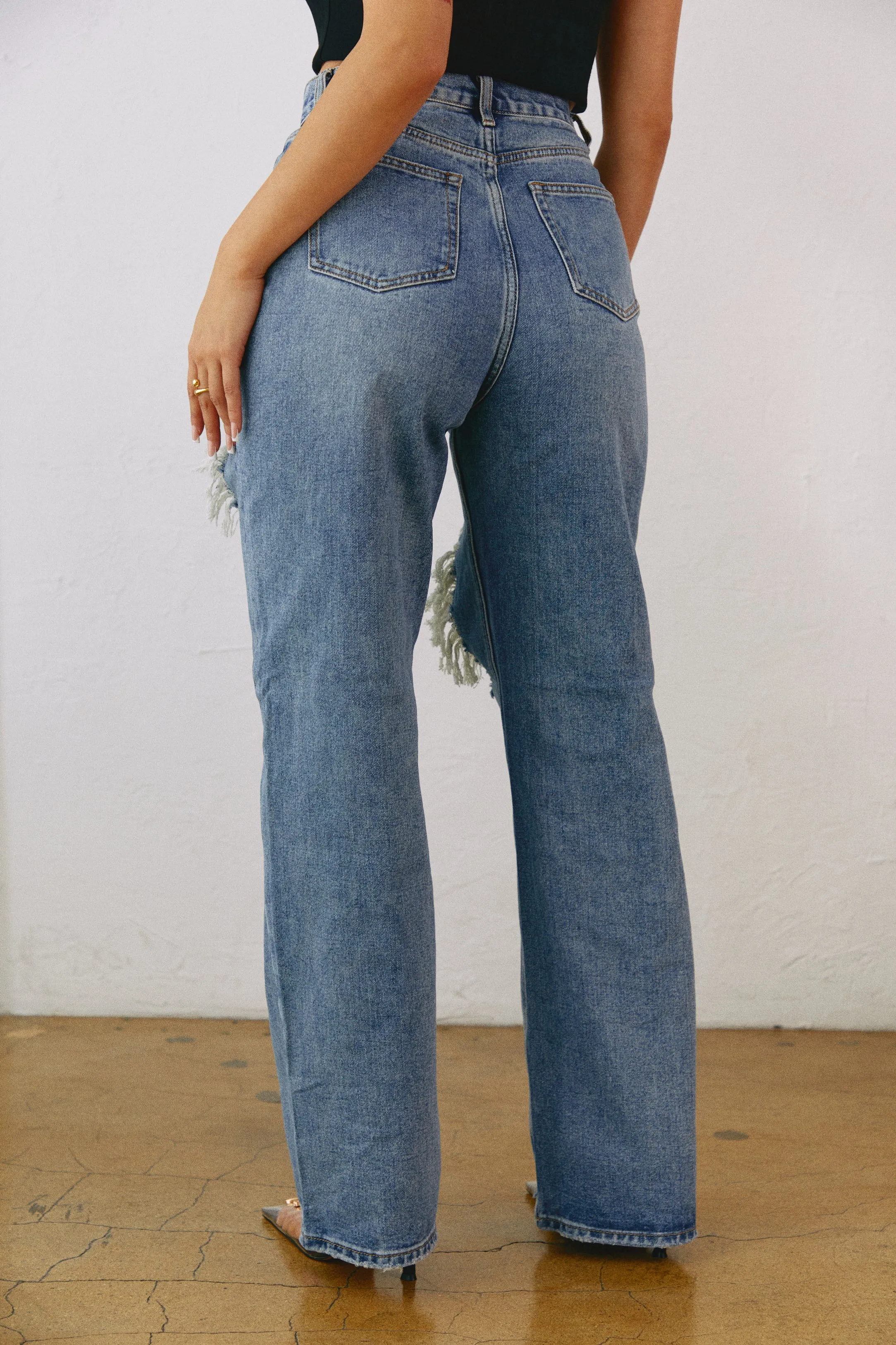 Jennifer Distressed Straight Leg Jeans - Denim