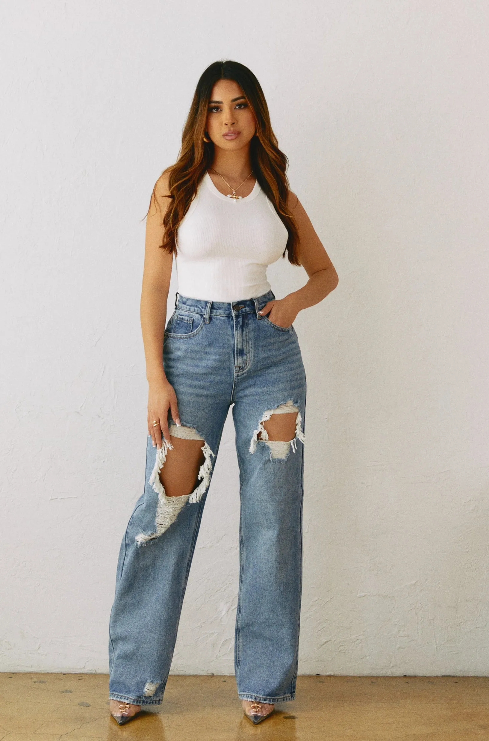 Jennifer Distressed Straight Leg Jeans - Denim