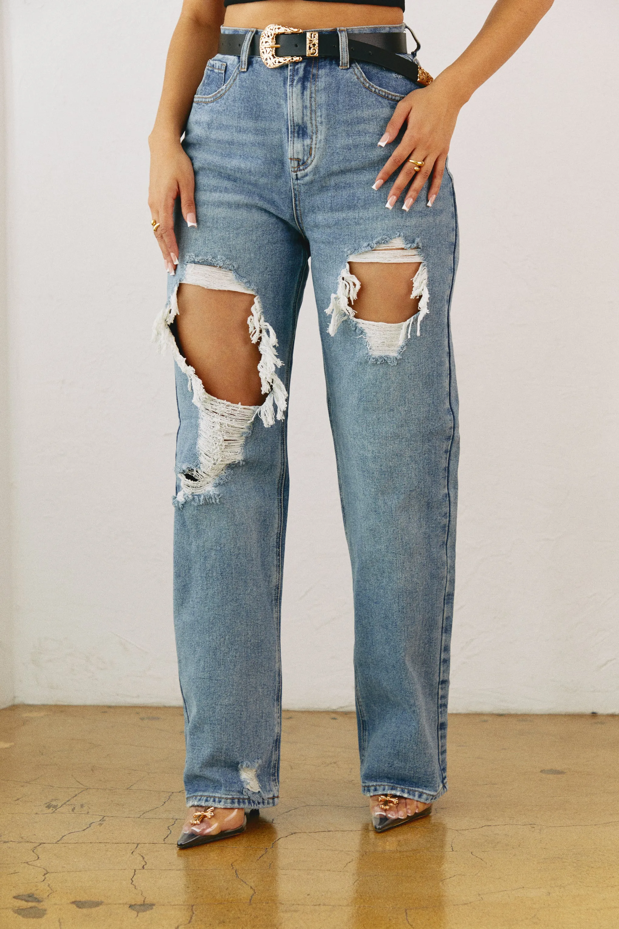 Jennifer Distressed Straight Leg Jeans - Denim