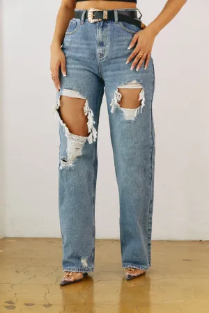 Jennifer Distressed Straight Leg Jeans - Denim